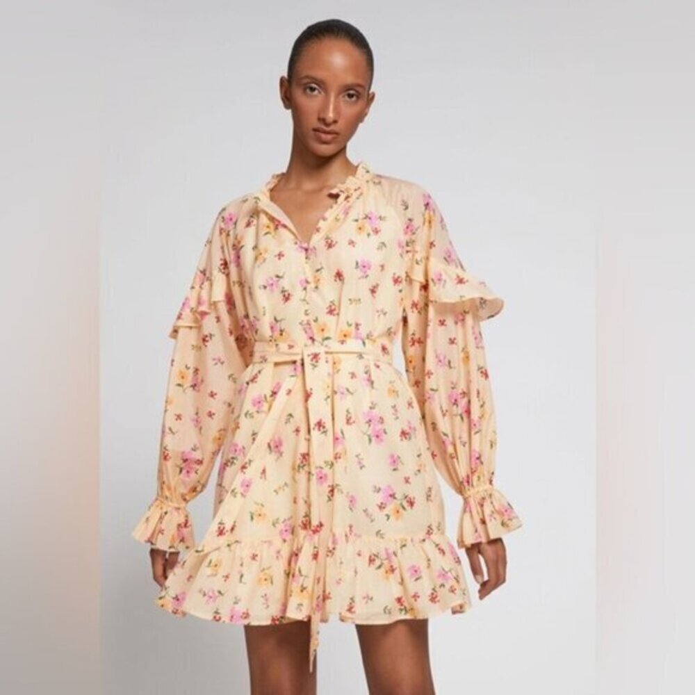 & Other Stories Relaxed Frill Detail Voluminous Mini Dress Yellow Floral – Size